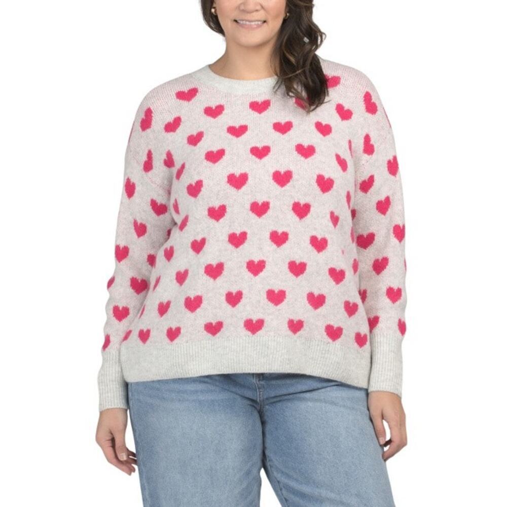 NWT CECE Plus Gray Pink Heart Cozy Sweater - Size 1X